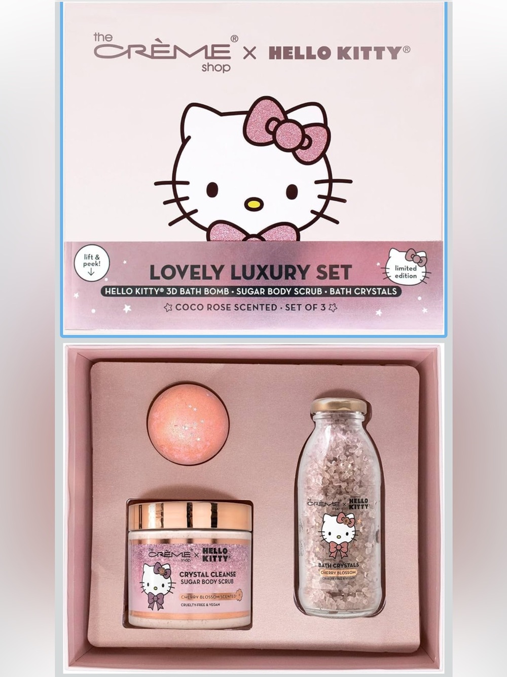The Creme Shop x Hello Kitty Lovely Luxury Set With Bath Bomb, Body Scrub, etc